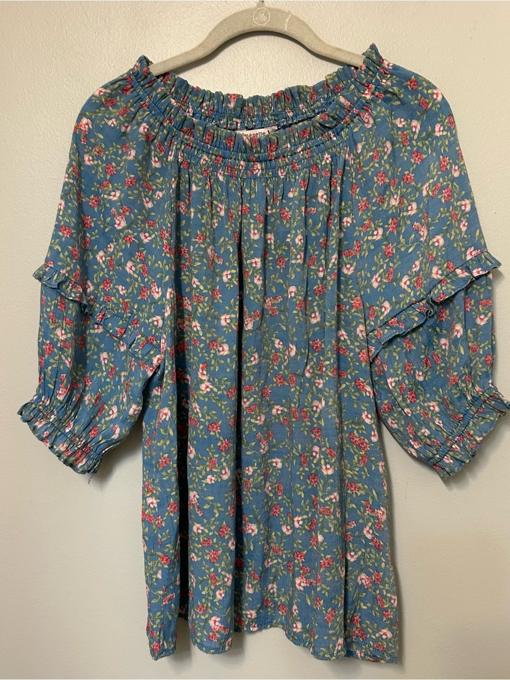 Nanette Lepore Blouse Women’s Size M Blue Floral Short Sleeve Peasant Shirt Top
